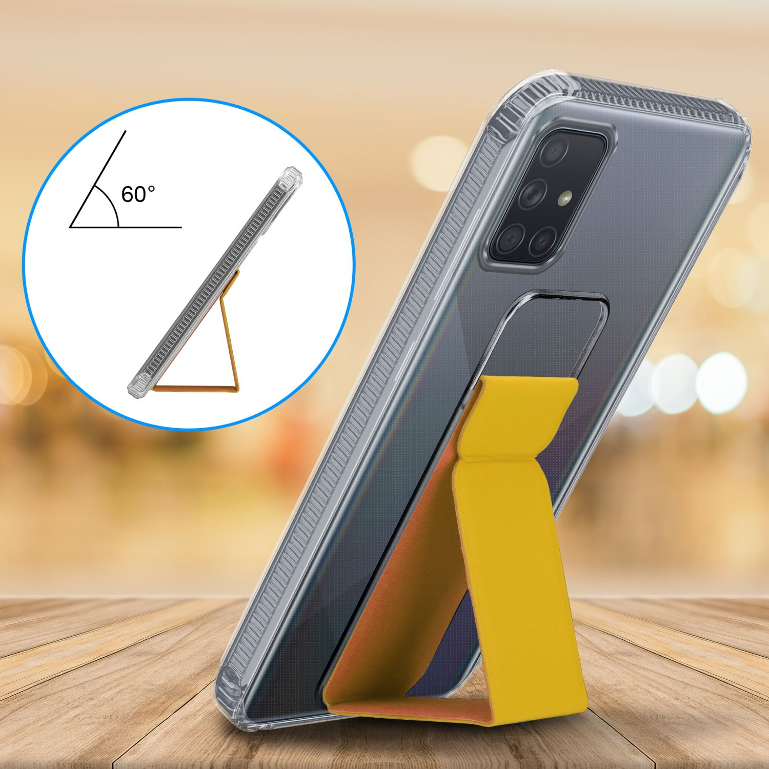 Telefon in transparenter Hülle mit gelbem Ständer. 60-Grad-Winkel und verschwommener Hintergrund.