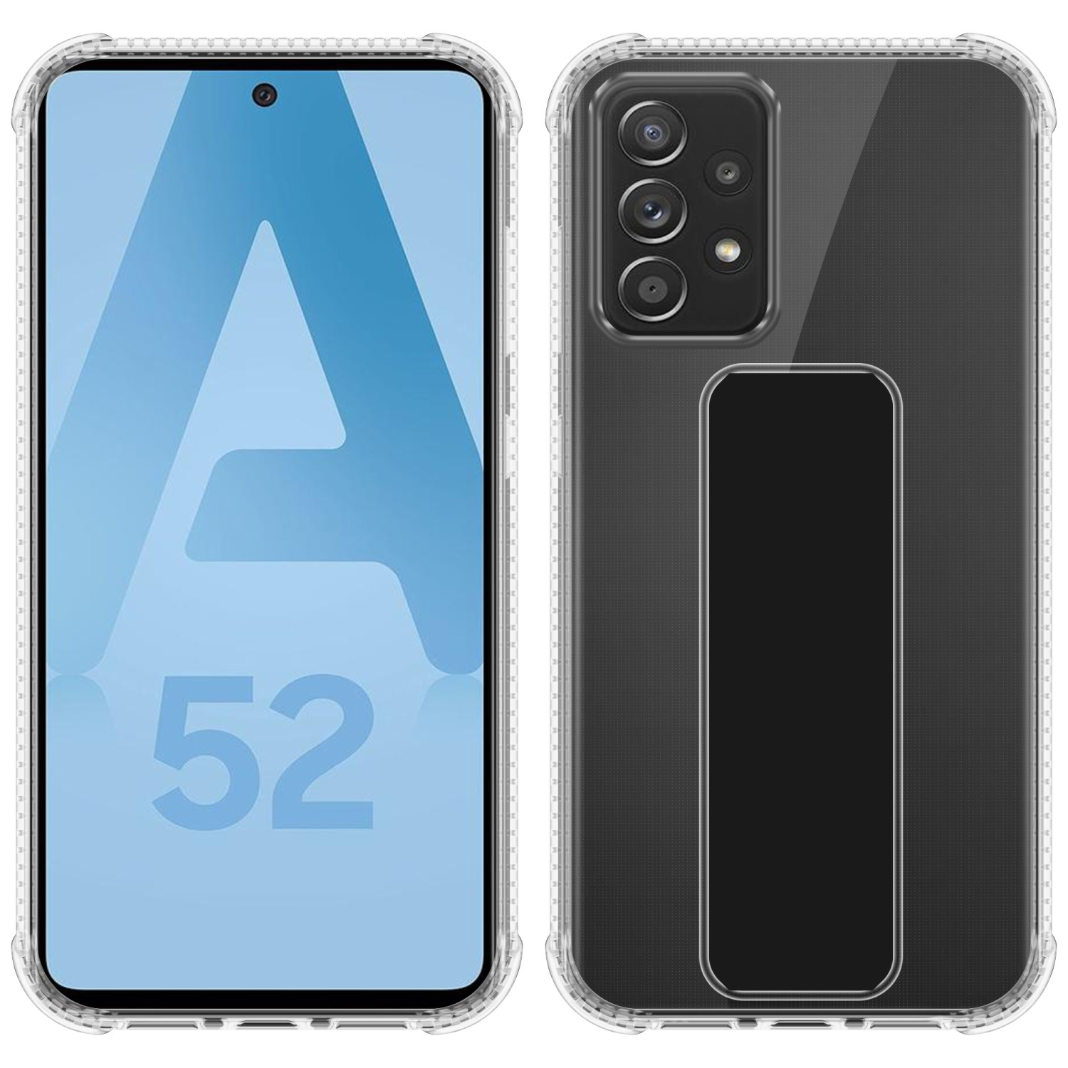 Eine transparente Handyhülle auf einem blauen Telefon. Die Handyhülle hat einen Ständer.