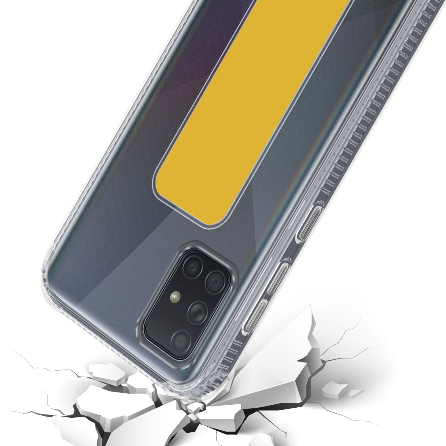 Ein Telefon in einer transparenten Hülle, das auf zerbrochenem Boden liegt. Die Hülle hat einen gelben Streifen.