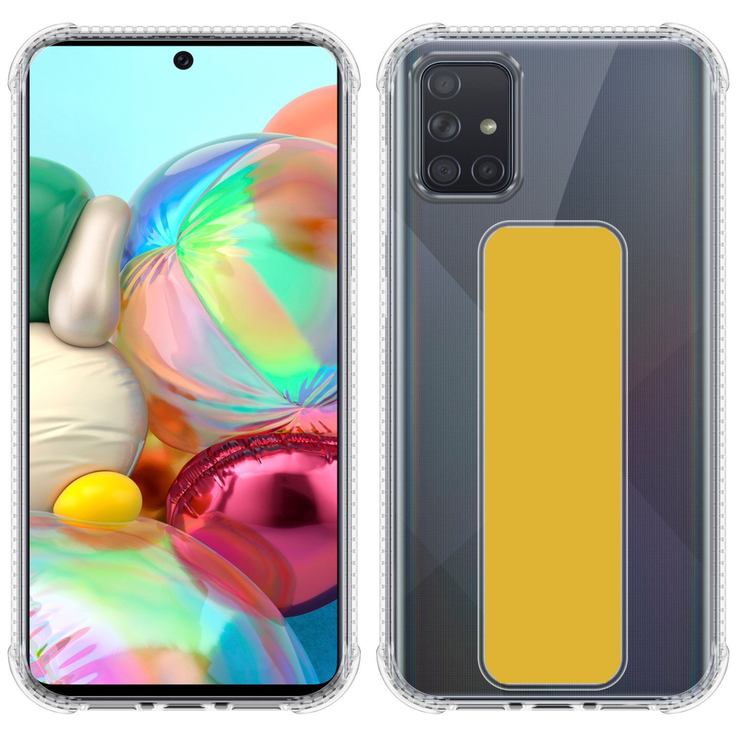 Telefonhülle, zeigt Telefonbildschirm und Rückseite mit Kamera und gelbem Detail.