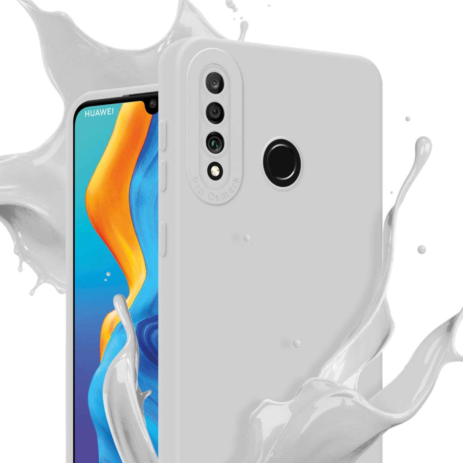 Una custodia bianca con un telefono Huawei. Schizzi di liquido bianco sullo sfondo.