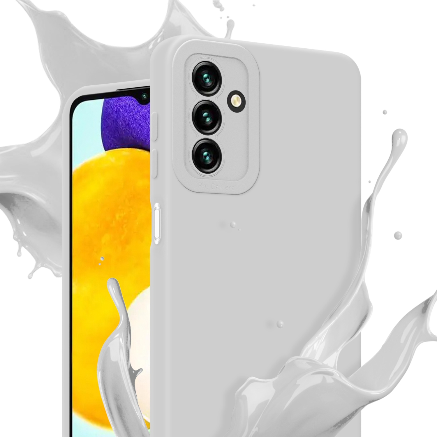 Custodia grigio chiaro con telefono parzialmente all'interno. Effetto schizzo bianco sullo sfondo.