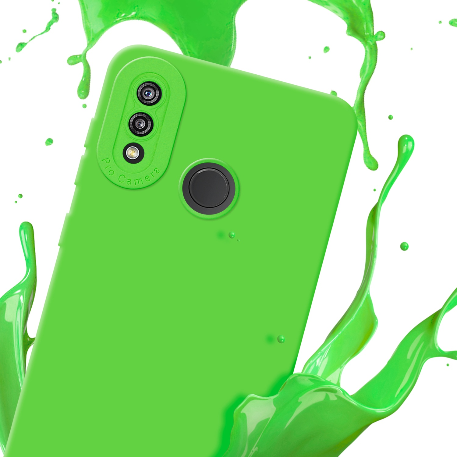 Una custodia per telefono verde con schizzi di vernice verde intorno.