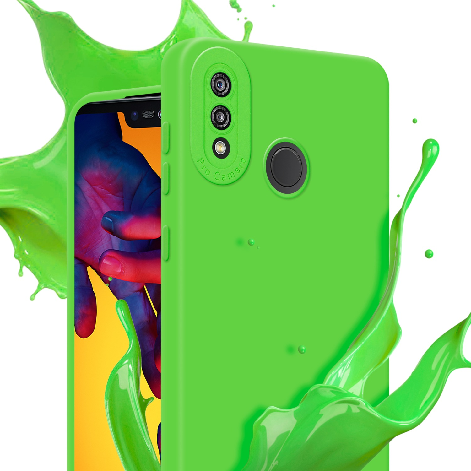 Custodia verde per telefono con schizzi di vernice verde. Schermo parzialmente visibile.