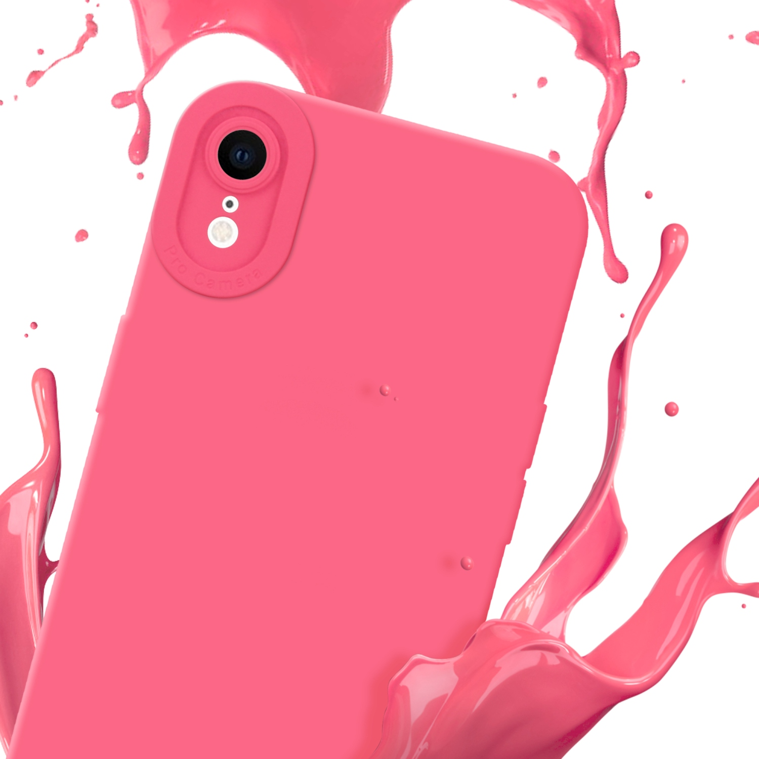 Custodia rosa per telefono con lente della fotocamera, circondata da schizzi di vernice rosa su sfondo bianco.