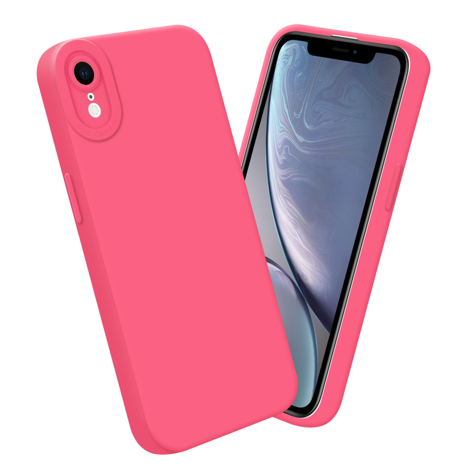 Custodia rosa con telefono dentro, sfondo bianco.