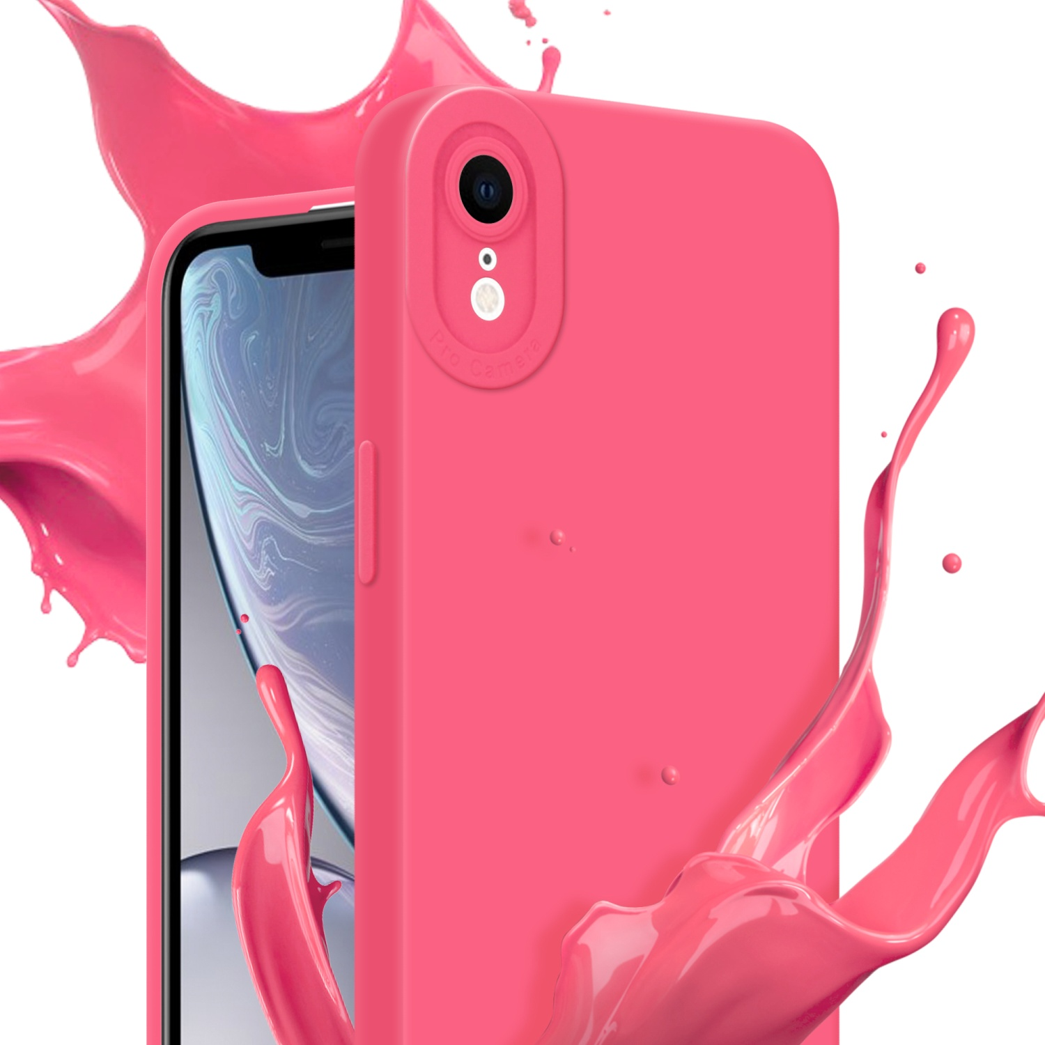 Custodia rosa con schizzi. Il telefono ha fotocamera e flash. Sfondo bianco.