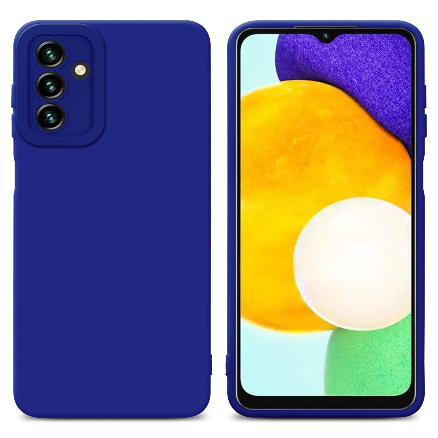 Due telefoni: uno con custodia blu, uno con display, sfondo blu.