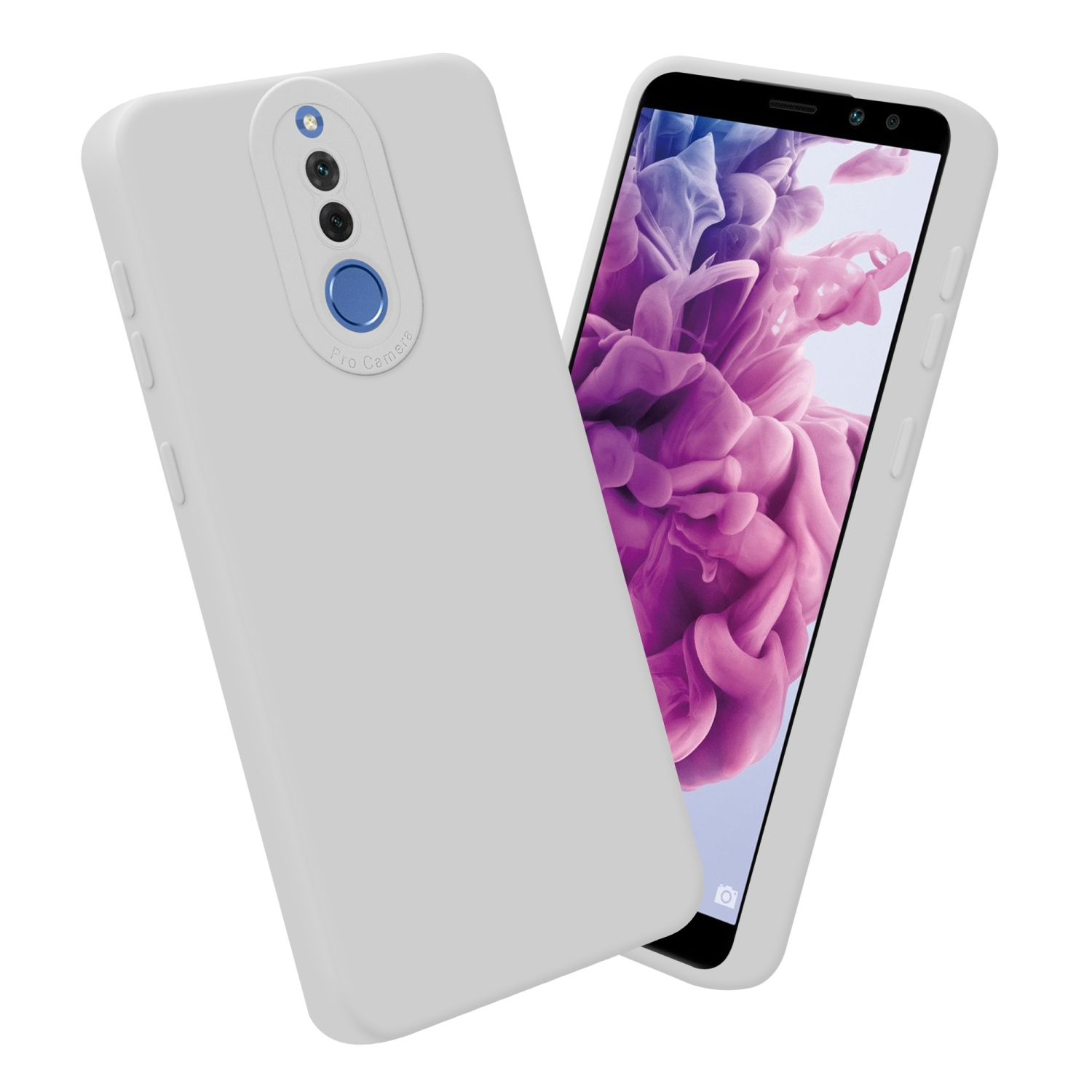 Due custodie bianche, una con telefono. Lo schermo del telefono mostra un design viola e rosa.