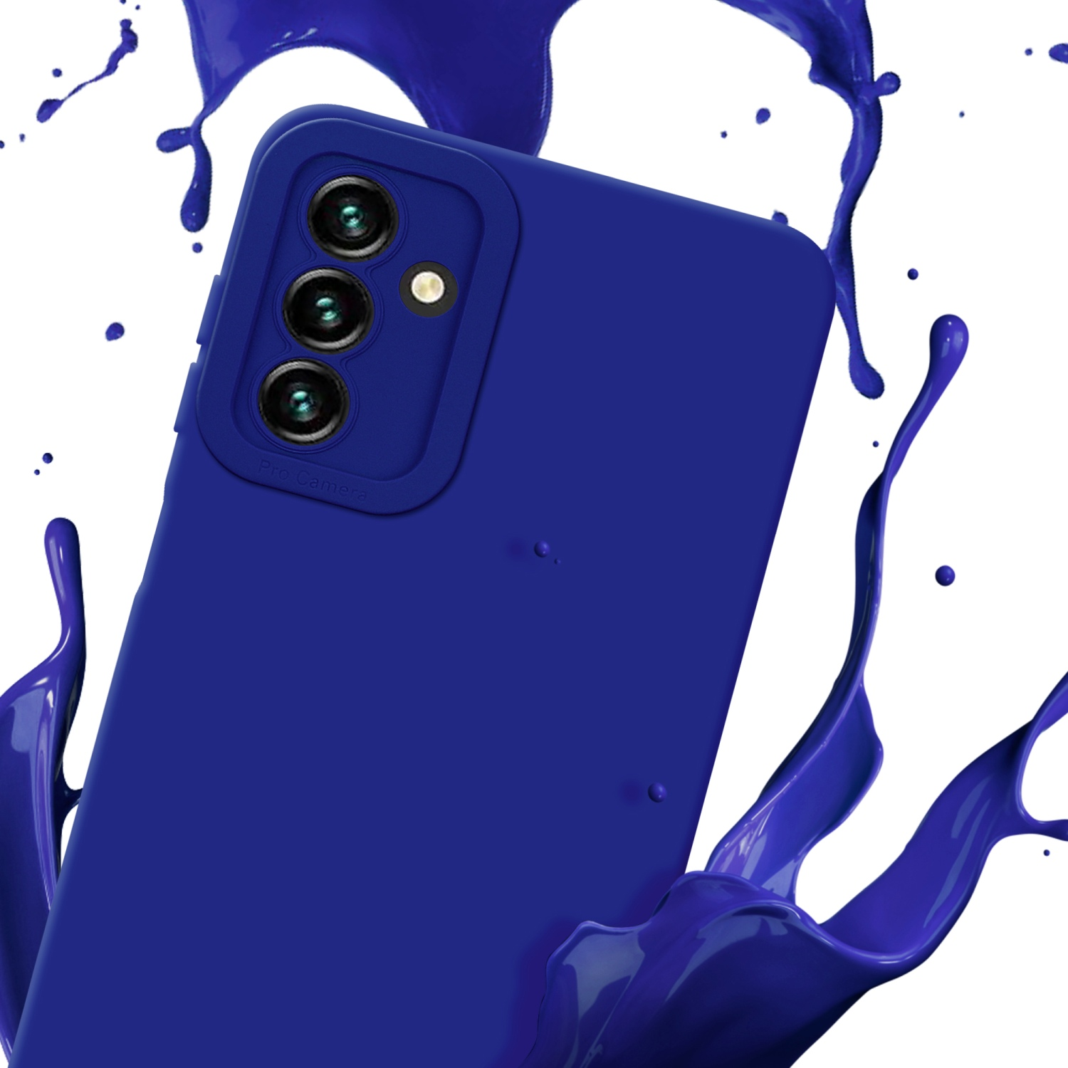 Custodia blu scuro per telefono con fori per fotocamera, con schizzi di vernice blu scuro.