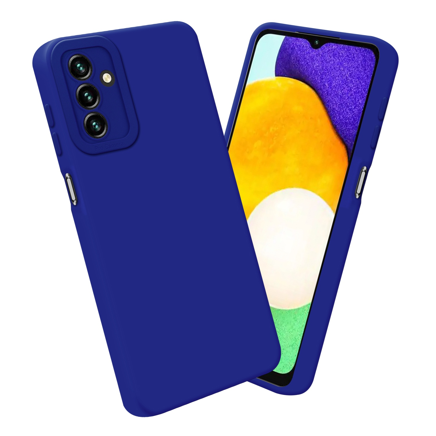 Due custodie blu per telefono, una aperta. Una mostra lo schermo del telefono, arancione e bianco.