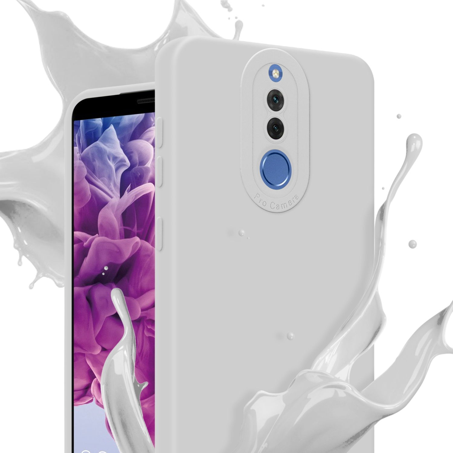 Custodia bianca per telefono con fotocamera, schizzi di liquido bianco su entrambi i lati e uno schermo del telefono.