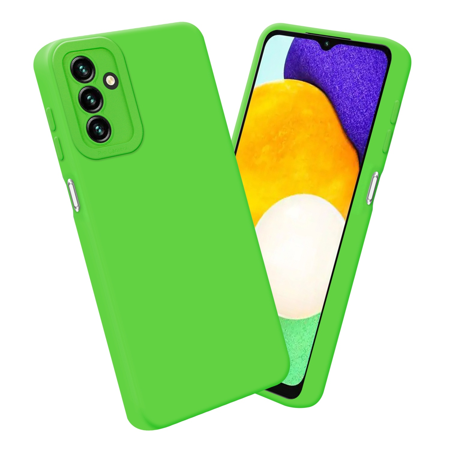 Custodie verdi per telefono con un telefono che mostra uno schermo colorato.