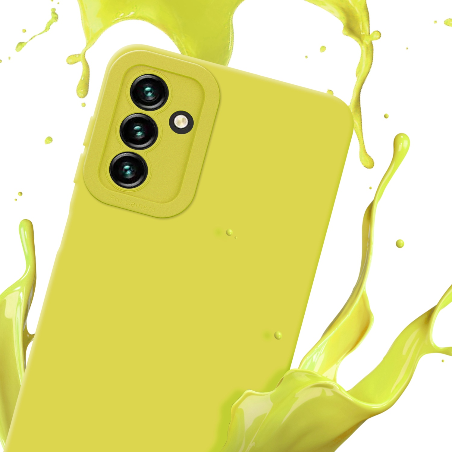 Custodia per telefono gialla con tre fotocamere e schizzi di vernice gialla.