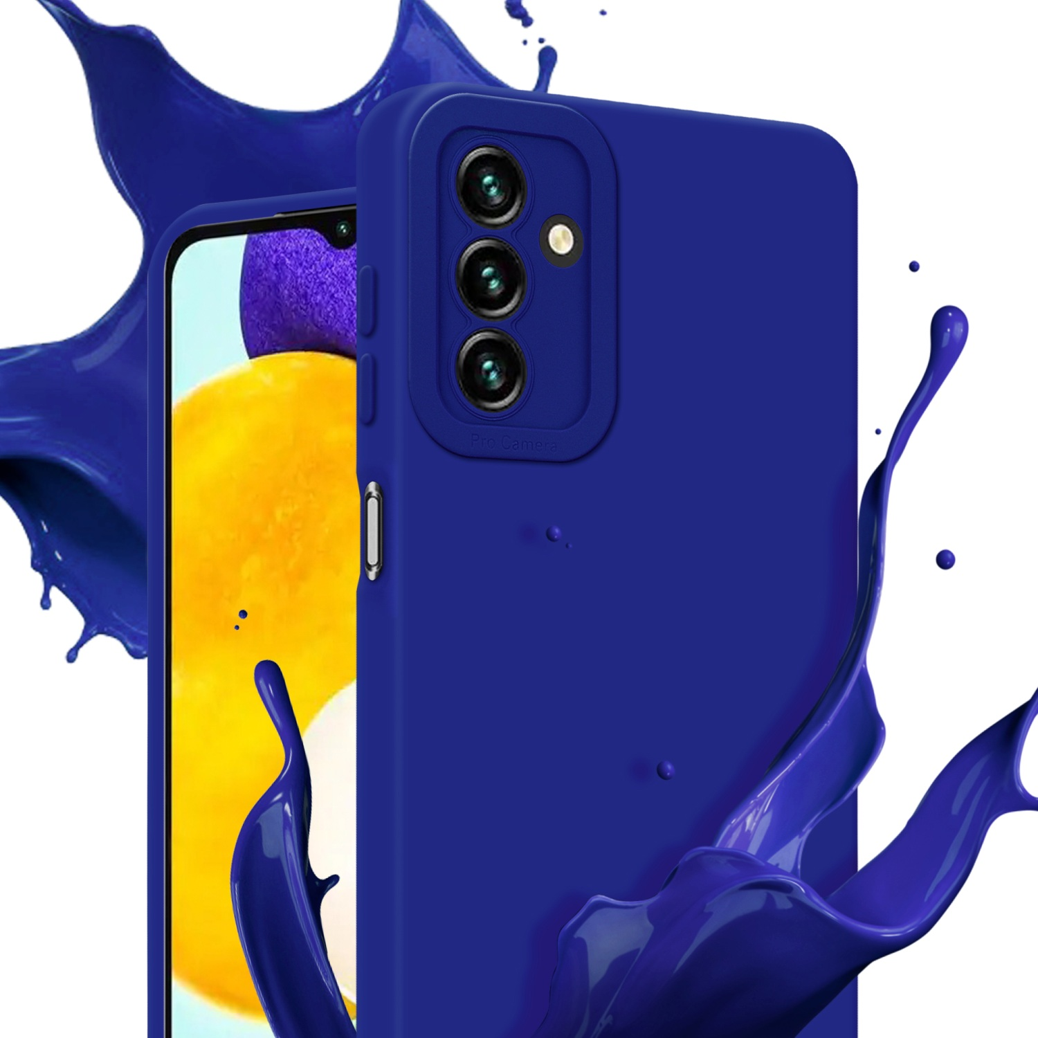 Una custodia blu con un telefono e schizzi di vernice blu su sfondo bianco.