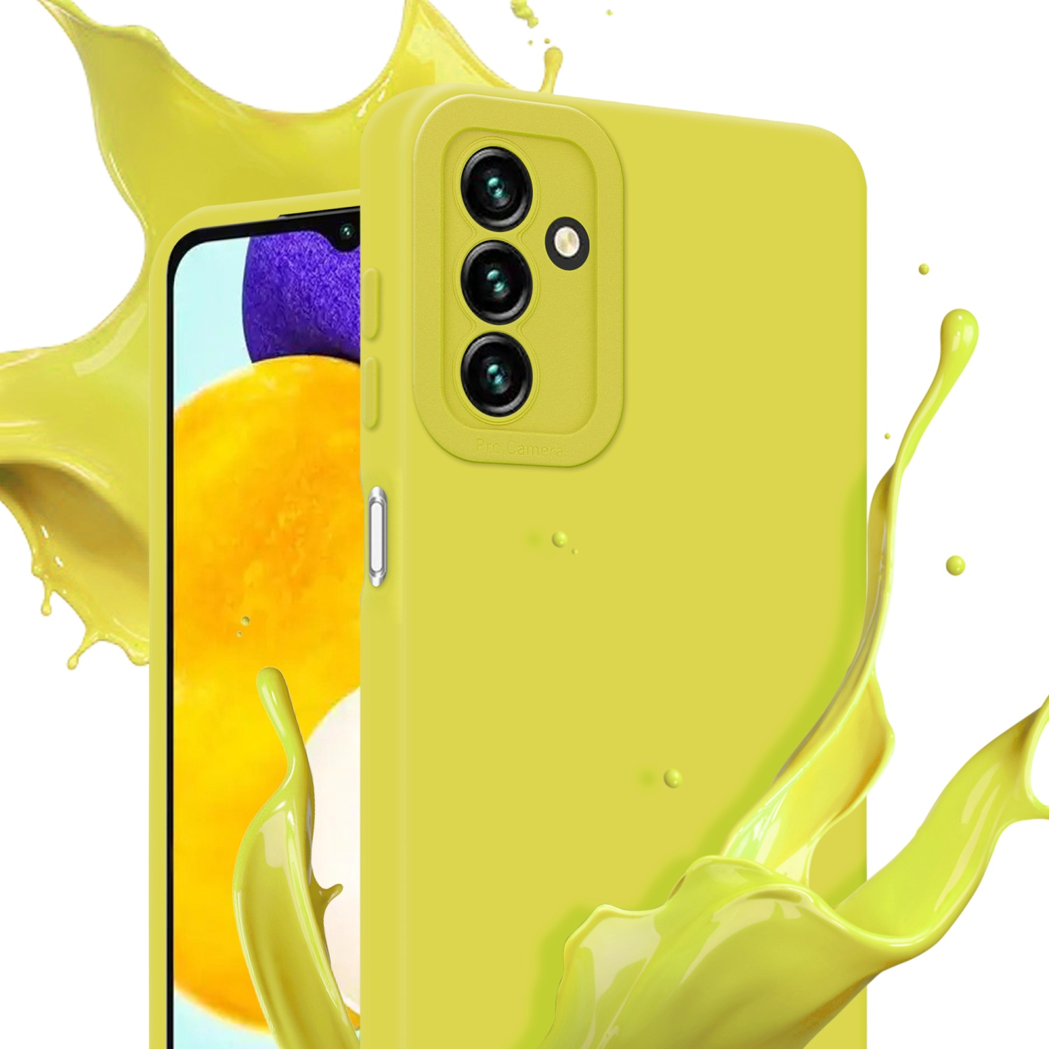 Custodia verde lime, fotocamera a tre lenti, con spruzzo giallo, sfondo bianco.