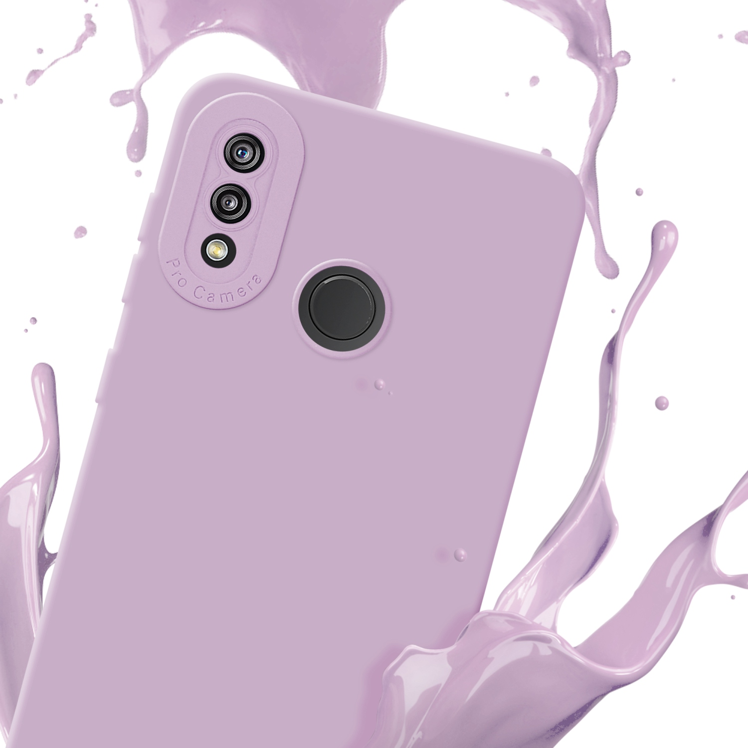 Telefono con custodia viola, schizzi di liquido viola. Dosso della fotocamera e sensore circolare visibili.