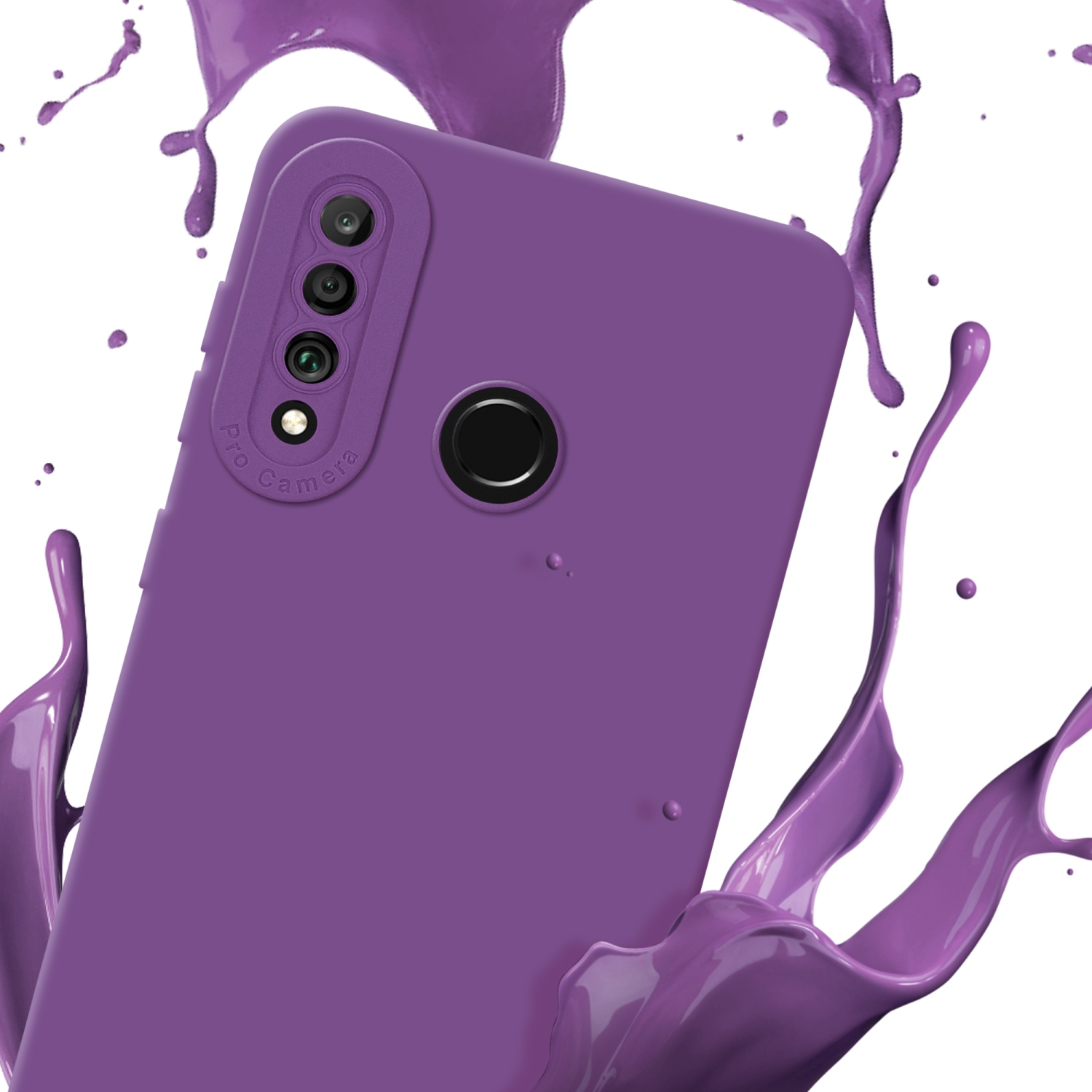 Custodia viola con schizzi. Il telefono ha una tripla fotocamera e sensore impronte.