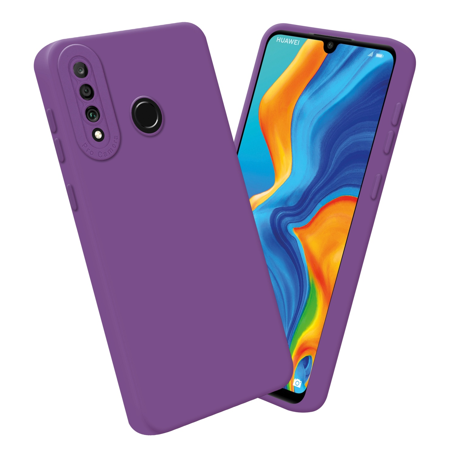 Custodia viola per telefono con due fotocamere. Sfondo bianco. Telefono con schermo blu.