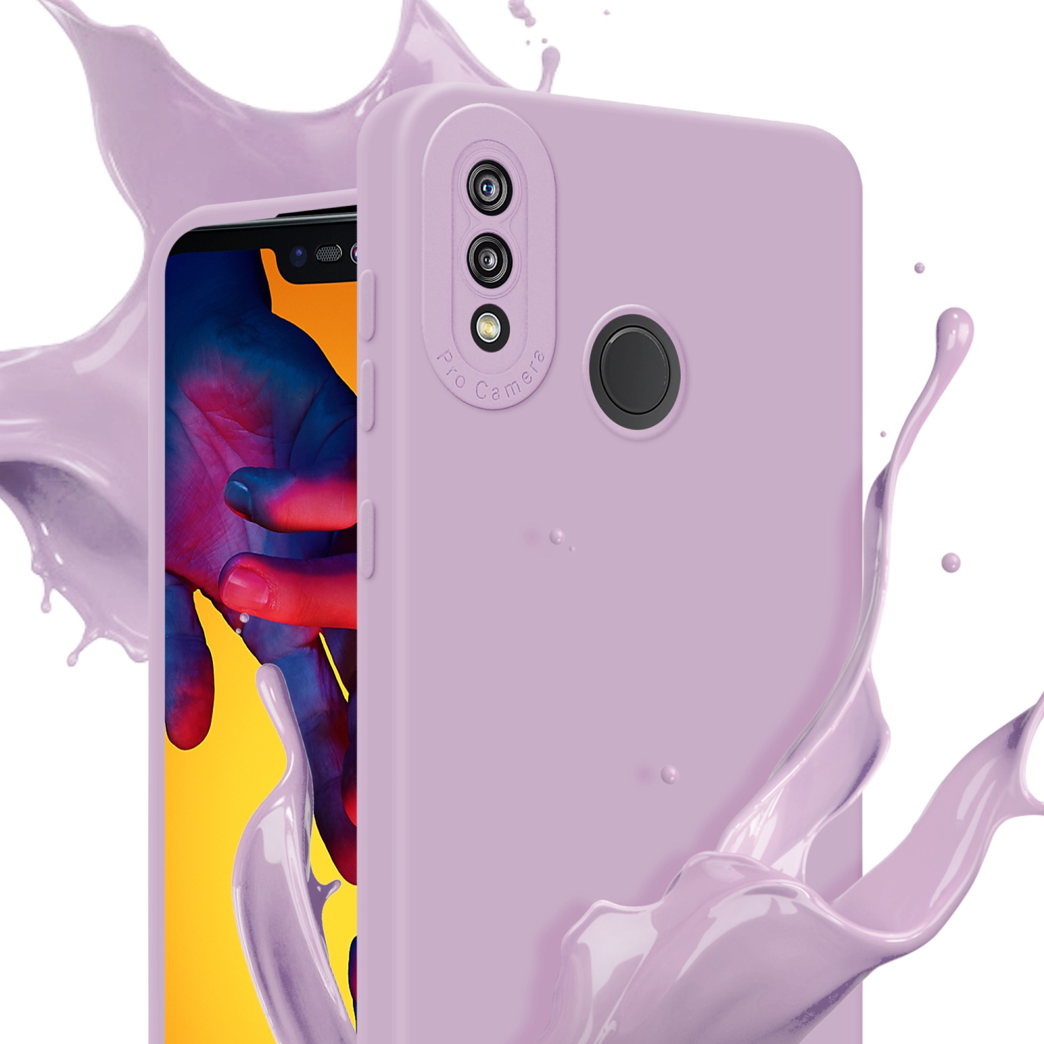 Una custodia per telefono viola con ritaglio per fotocamera. Uno spruzzo viola sullo sfondo.