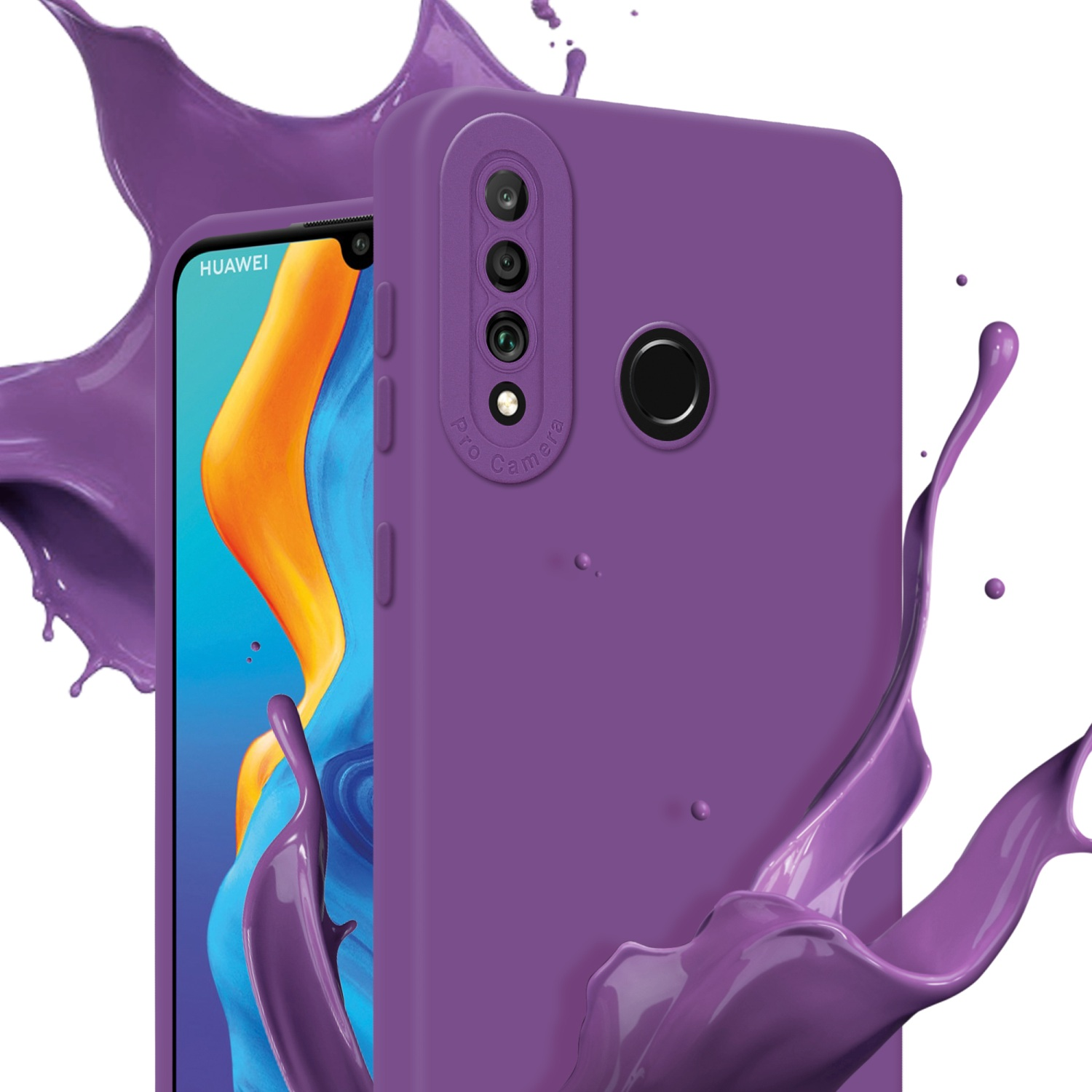 Telefono e custodia viola con obiettivo della fotocamera, spruzzo di vernice viola.