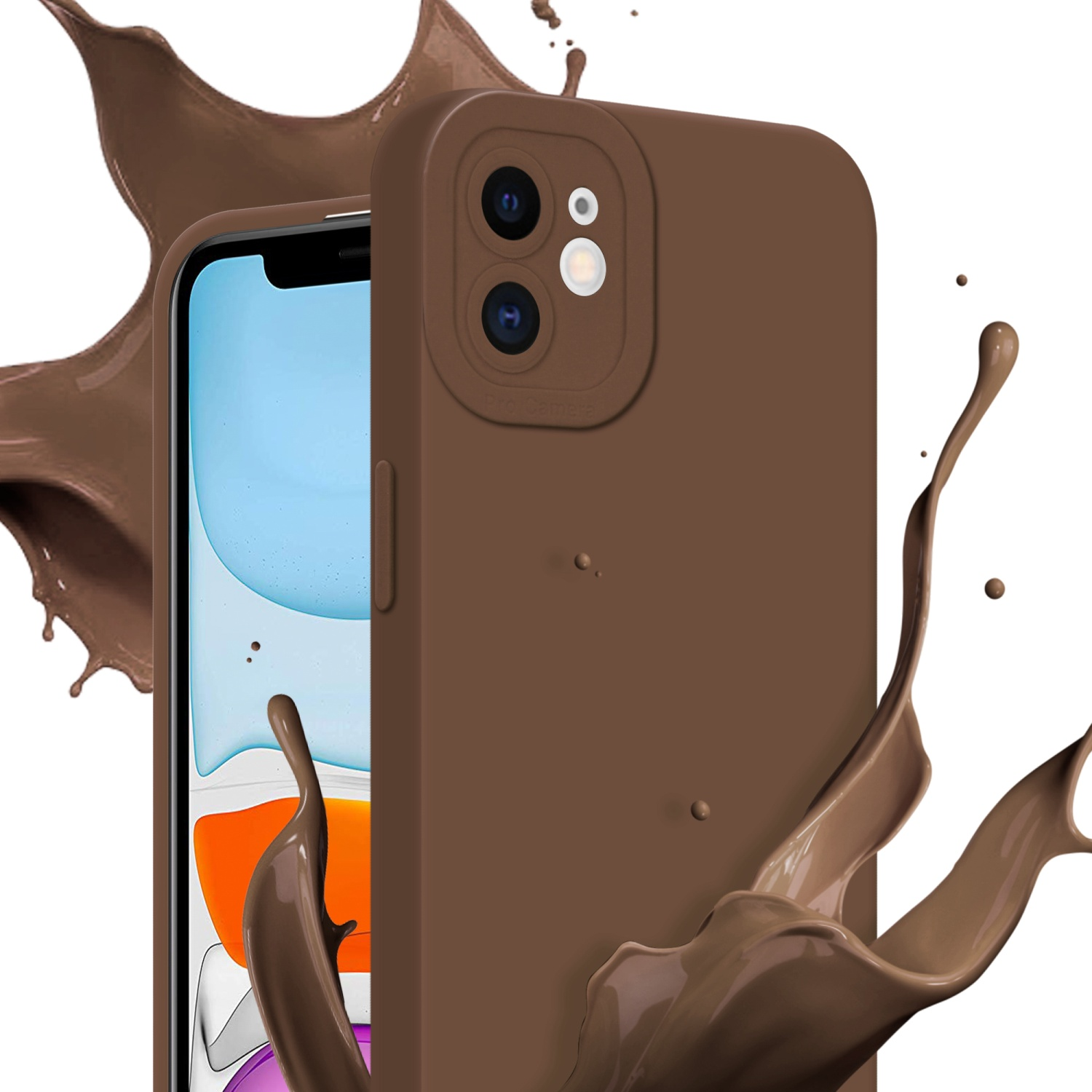 Custodia marrone con fotocamere e schizzi di cioccolato, schermo visibile.