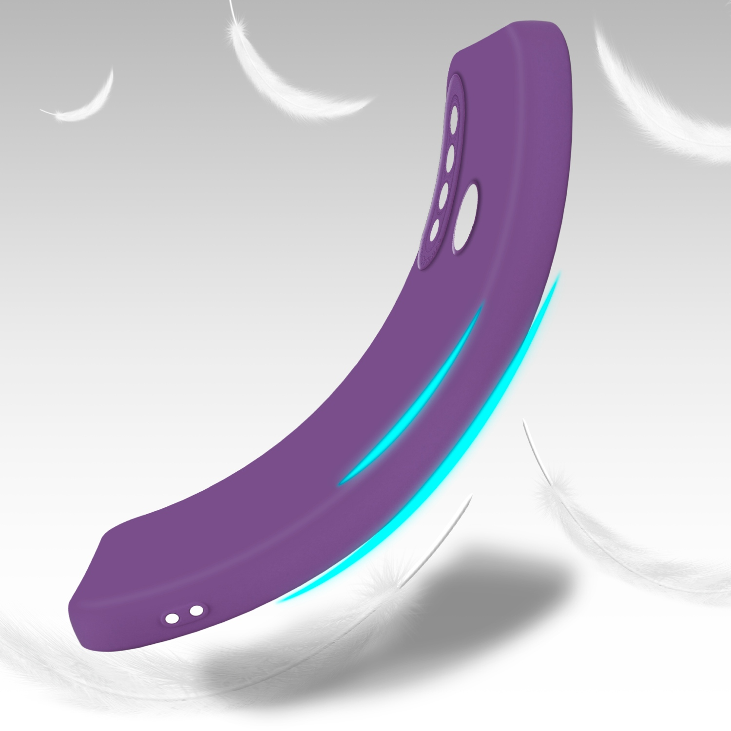 Custodia viola per telefono, forma curva, con ombra e piume fluttuanti.
