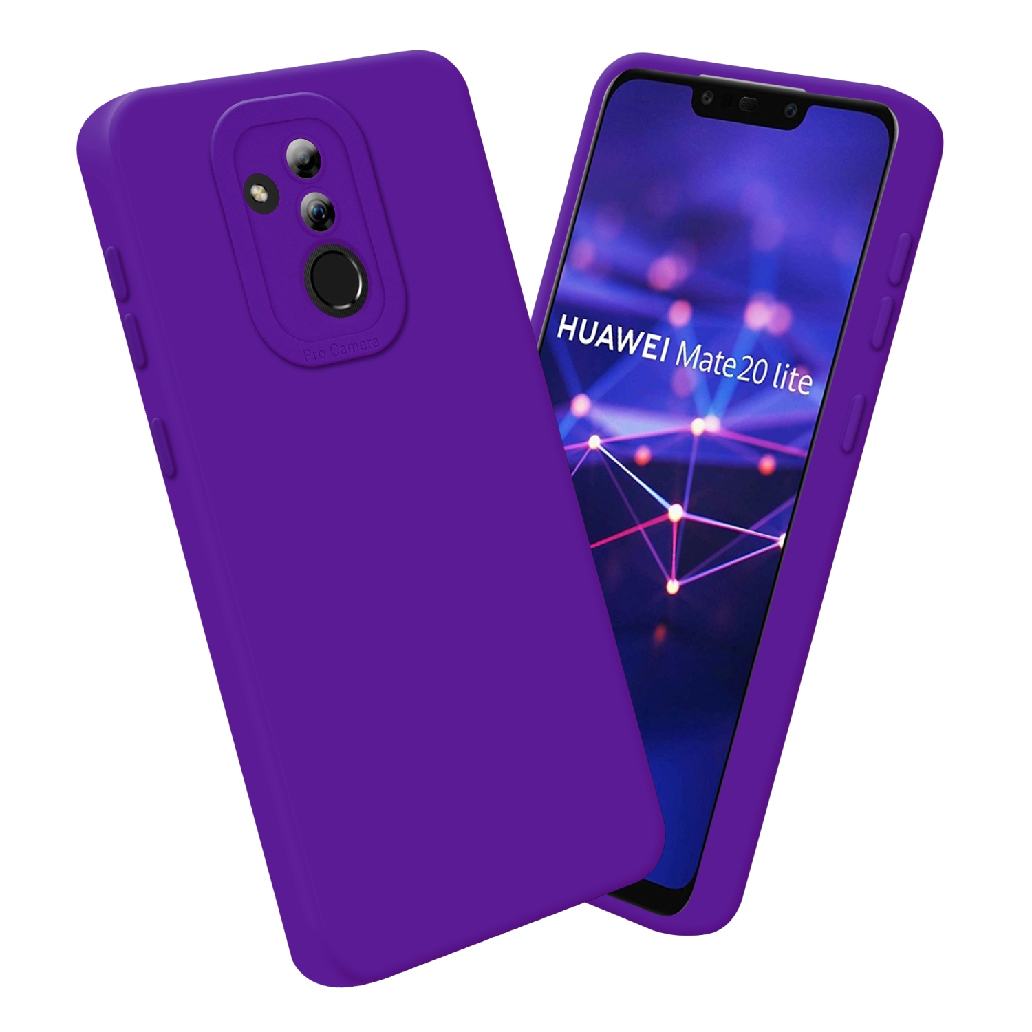 Due viste del telefono affiancate. Custodia viola a sinistra, schermo a destra. Huawei Mate 20 lite.