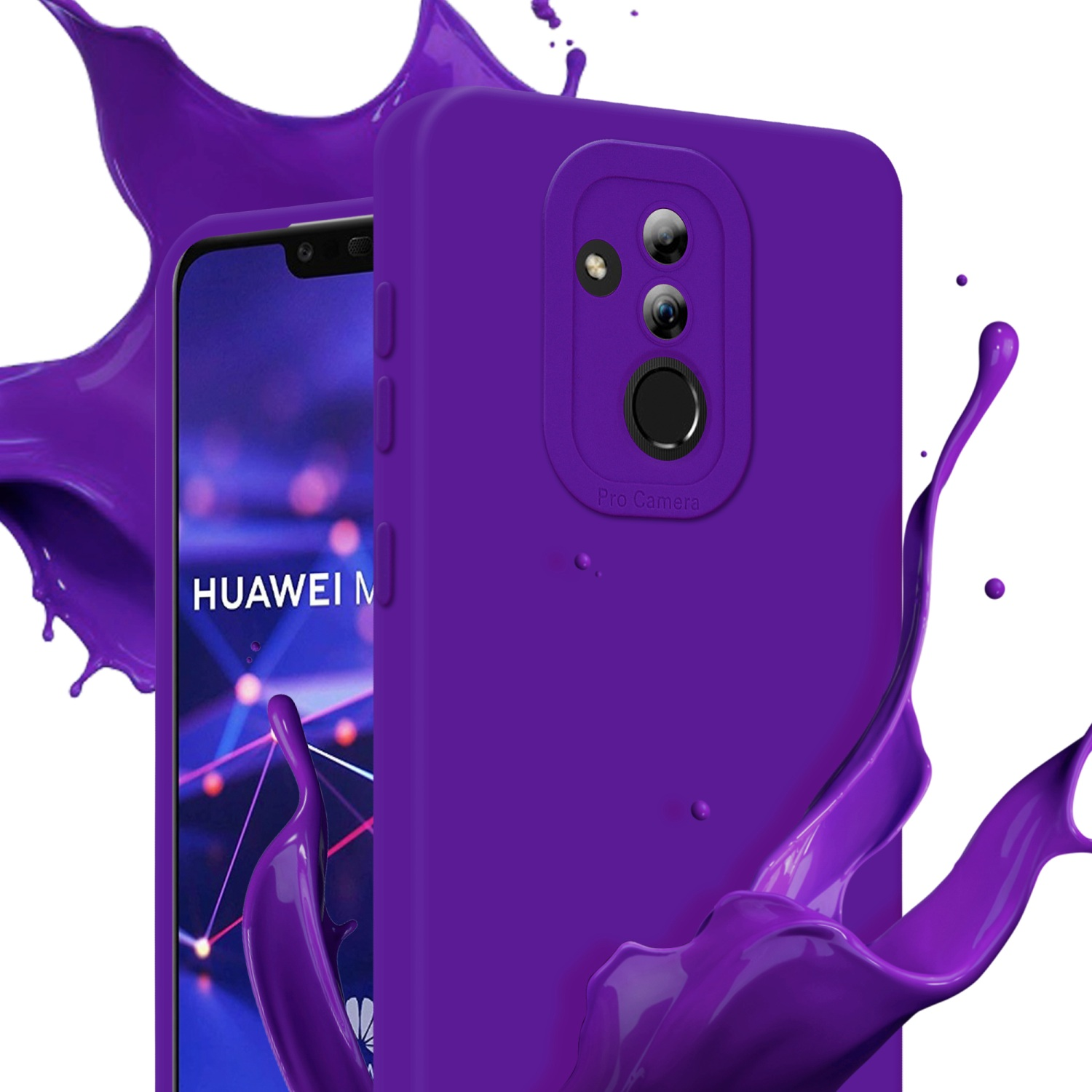 Un telefono e una custodia viola con effetti di spruzzi di liquido viola. Lo sfondo mostra uno schermo sfocato.