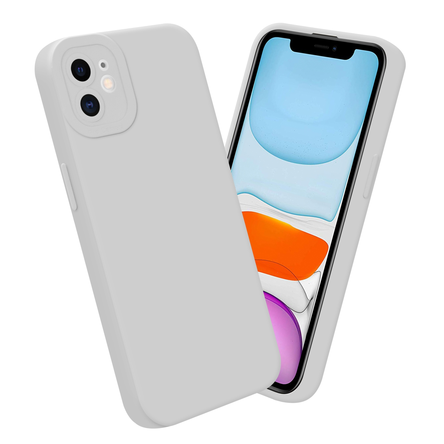 Due custodie per telefono grigio chiaro. Una mostra lo schermo nero del telefono. Entrambe su sfondo bianco.