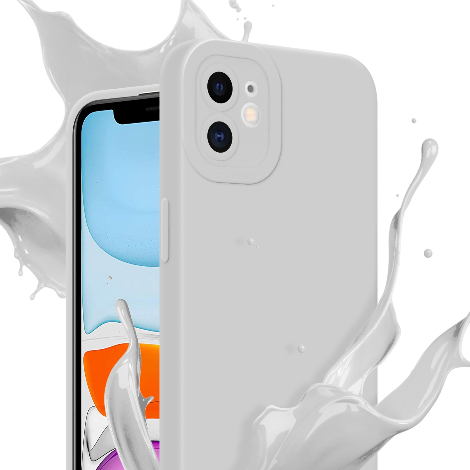Custodia bianca con telefono, spruzzo di liquido bianco.