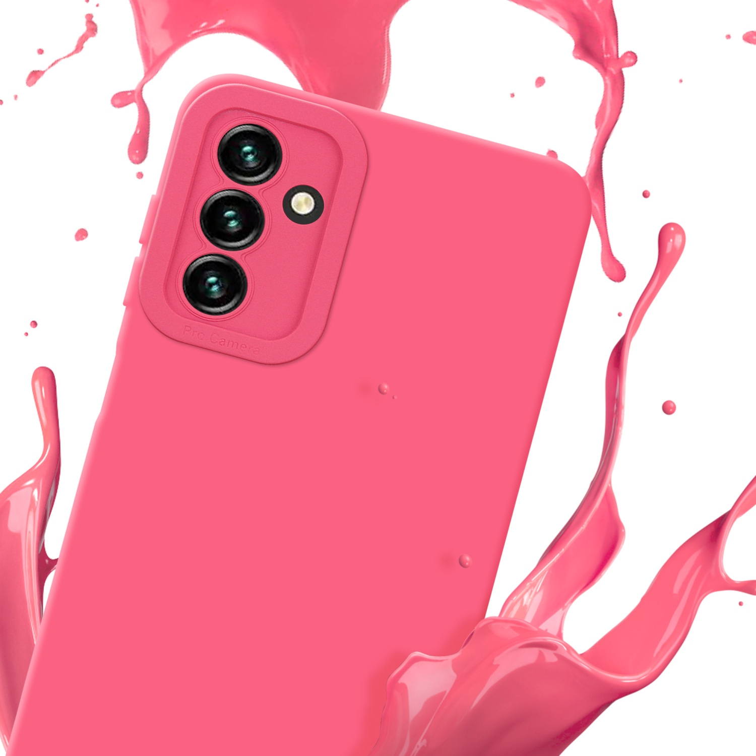 Una custodia rosa per telefono con un rigonfiamento della fotocamera. Spruzzi di liquido rosa.