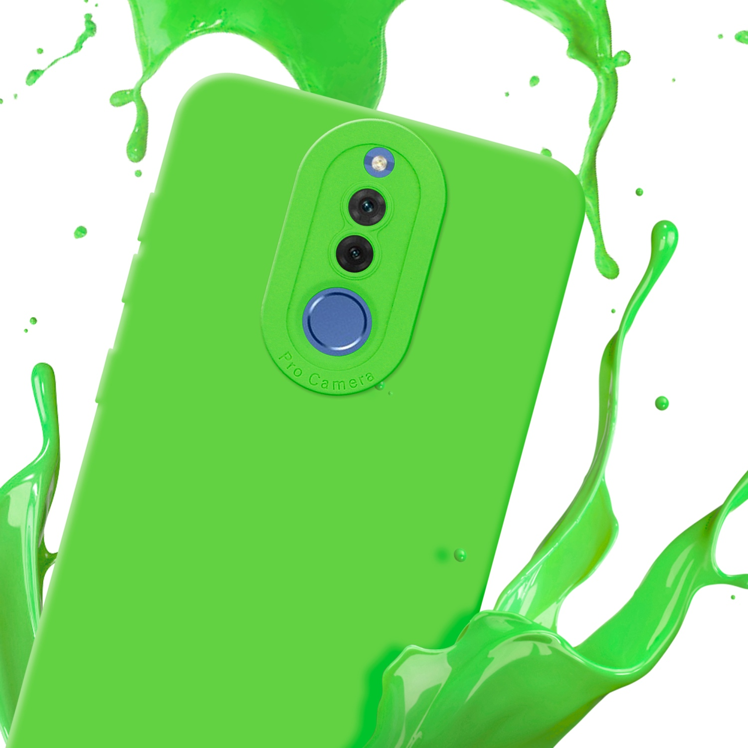 Custodia per telefono verde con due fotocamere e schizzi di vernice verde.
