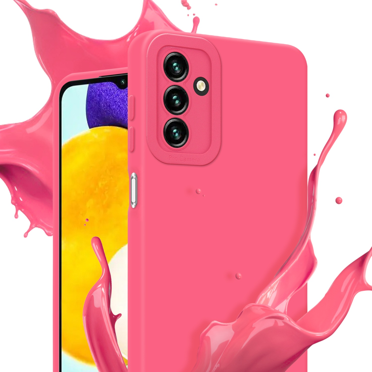 Custodia e telefono rosa. Lo schermo mostra un design giallo. Liquido rosa intorno al telefono.