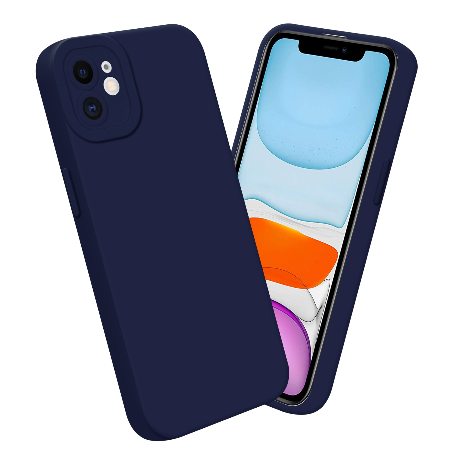 Due custodie blu scuro, una con un telefono che mostra un display.