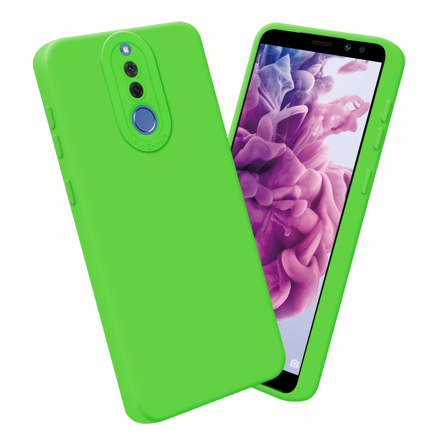 Due telefoni, uno con custodia verde, che mostra il retro, e l'altro, la parte anteriore.
