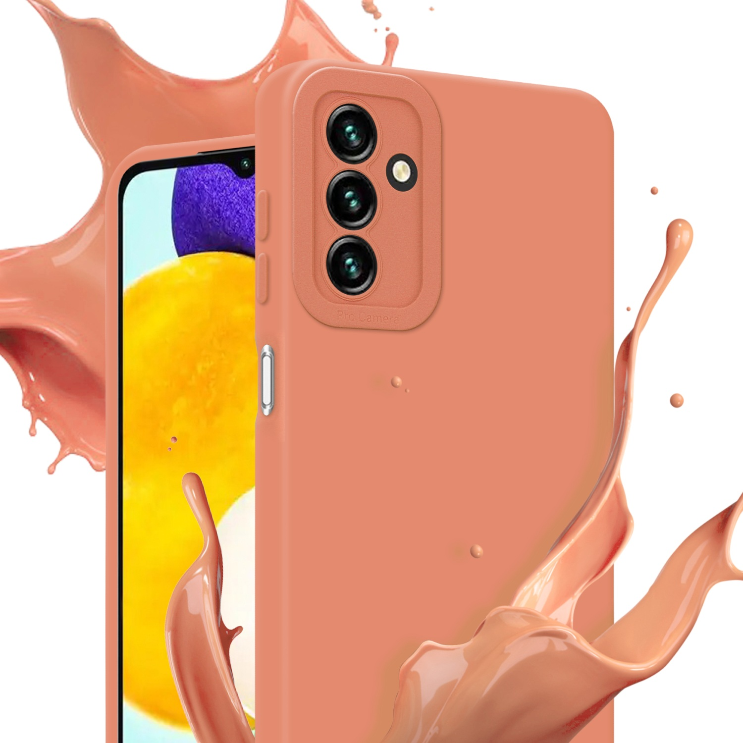 Custodia arancione per telefono e telefono con spruzzo colorato.