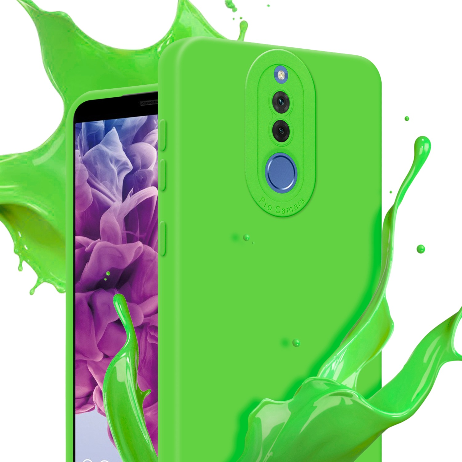 Una custodia verde per telefono con schizzi verdi su sfondo bianco con schermo del telefono.
