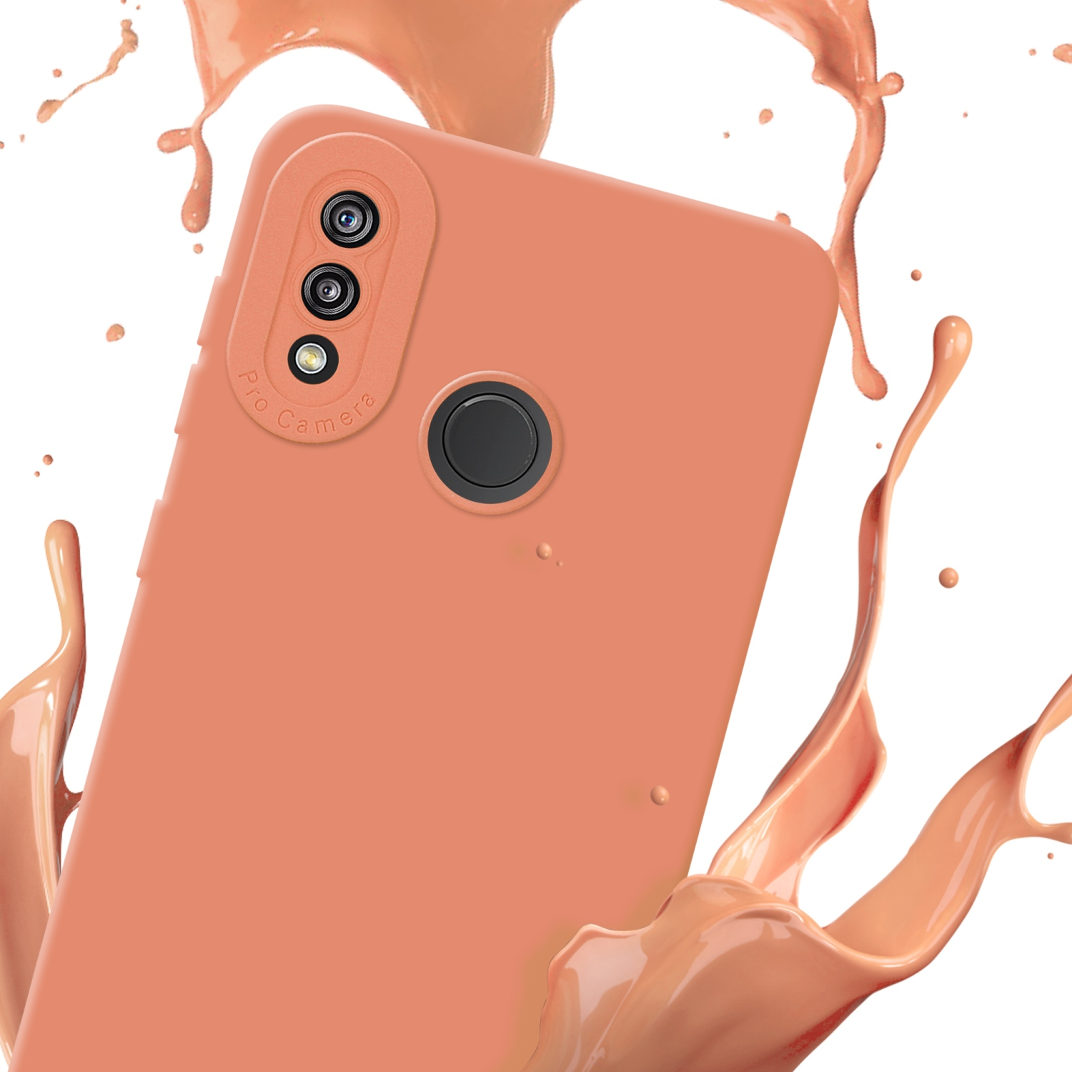 Custodia arancione per telefono con lenti della fotocamera e cerchio nero. Schizzi arancioni.