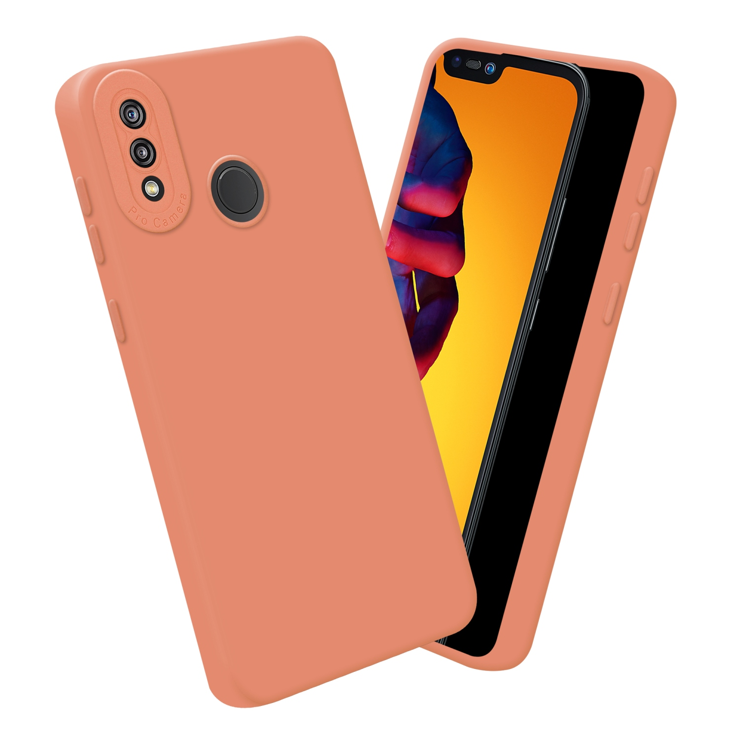 Due custodie per telefono color pesca; una mostra la fotocamera, l'altra lo schermo del telefono.