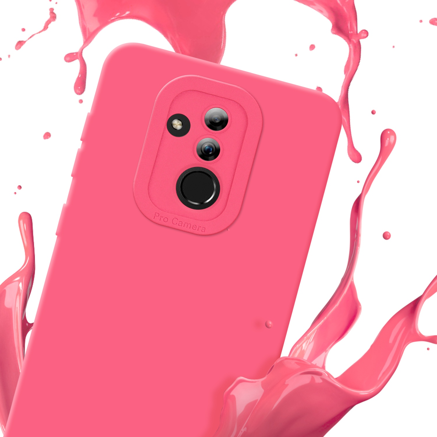 Una custodia rosa con un rialzo per la fotocamera, circondata da schizzi di vernice rosa su sfondo bianco.
