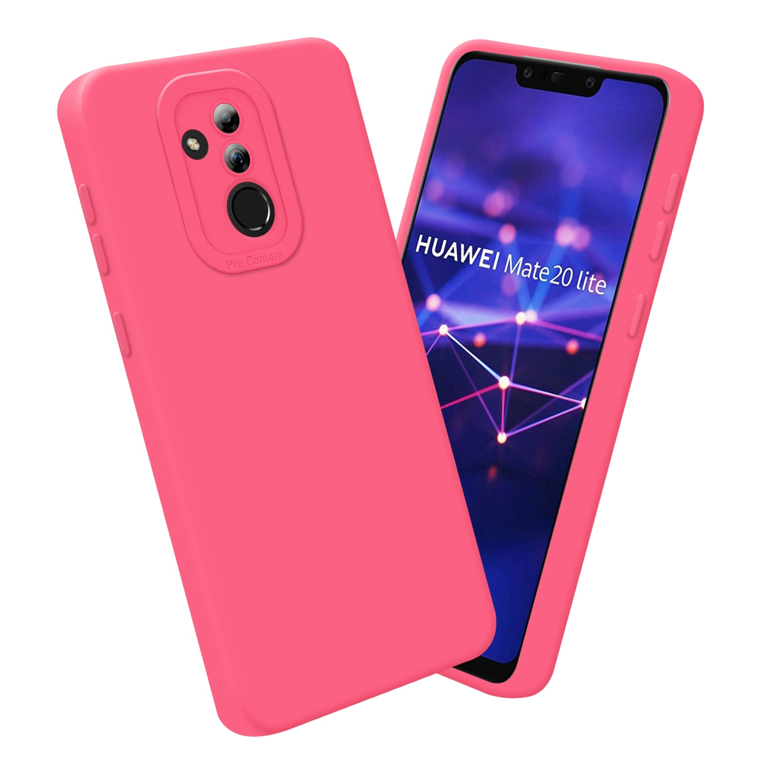 Due custodie per telefono rosa, una mostra lo schermo con il testo HUAWEI Mate 20 lite.