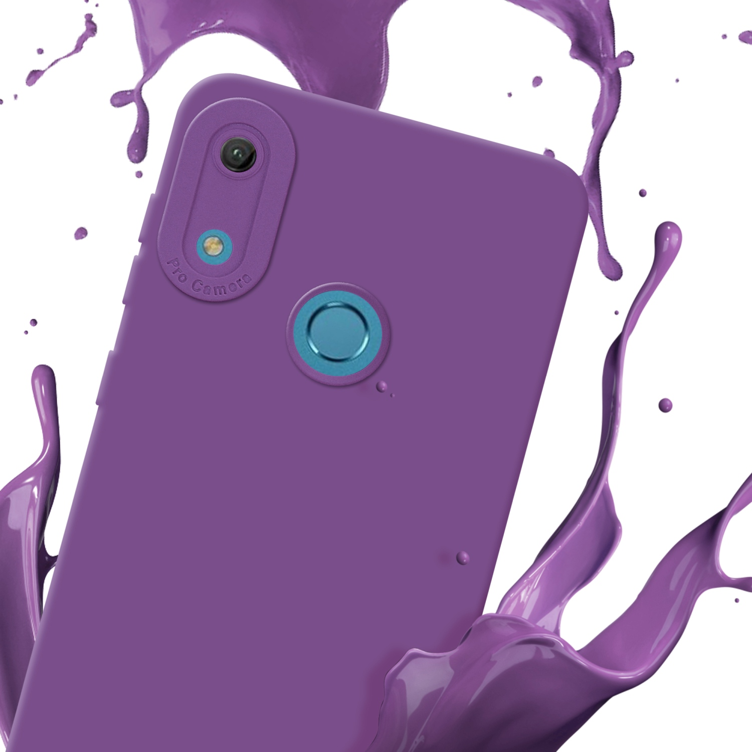 Téléphone violet avec éclaboussures de peinture, l'appareil photo est mis au point.