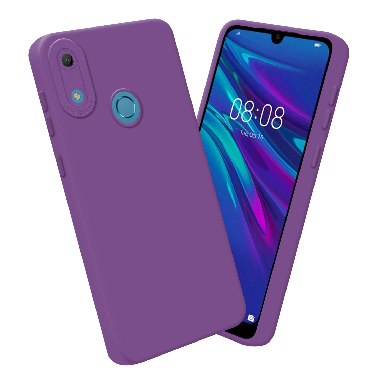 Deux coques de téléphone violettes, une avec le téléphone à l'intérieur, et l'autre vide.