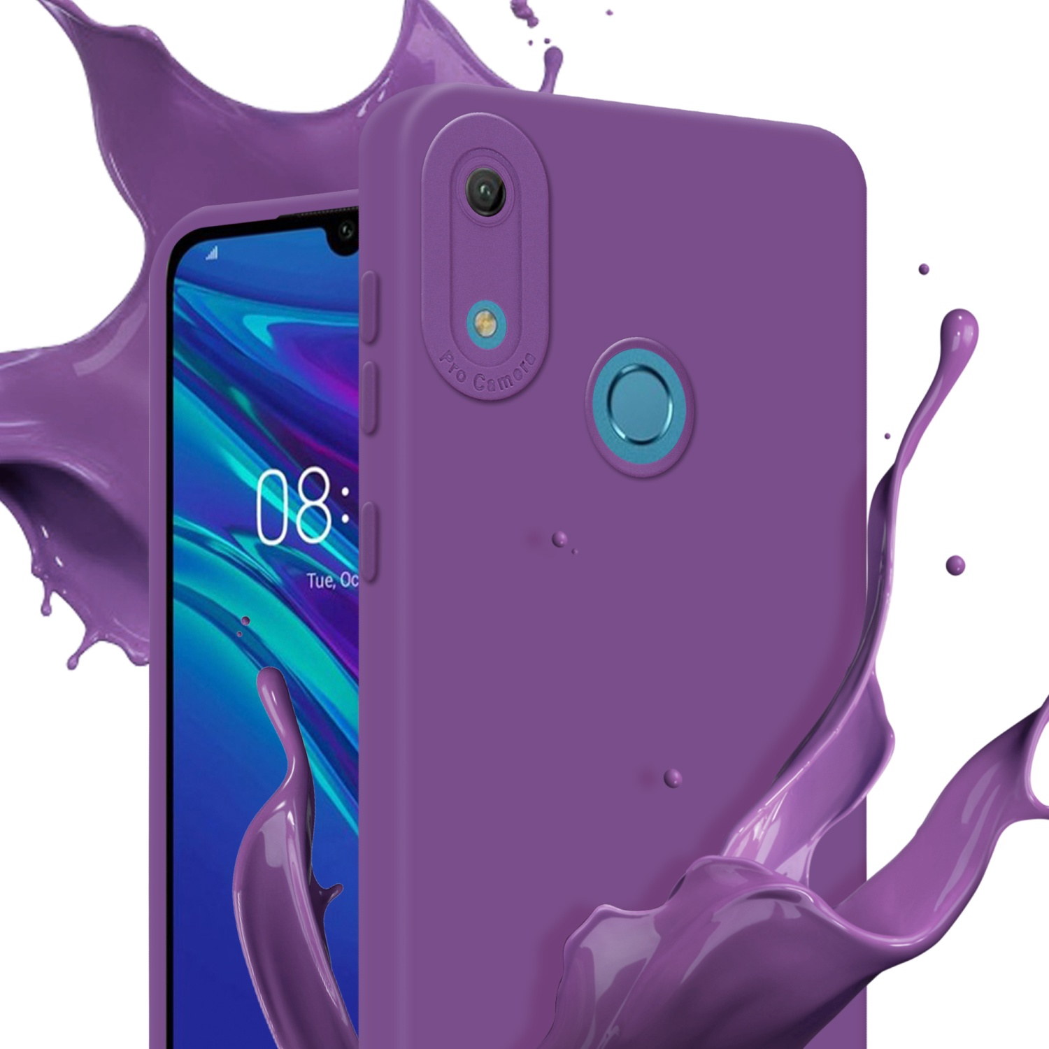 Coque de téléphone violette avec caméra et éclaboussure de peinture violette sur fond blanc.