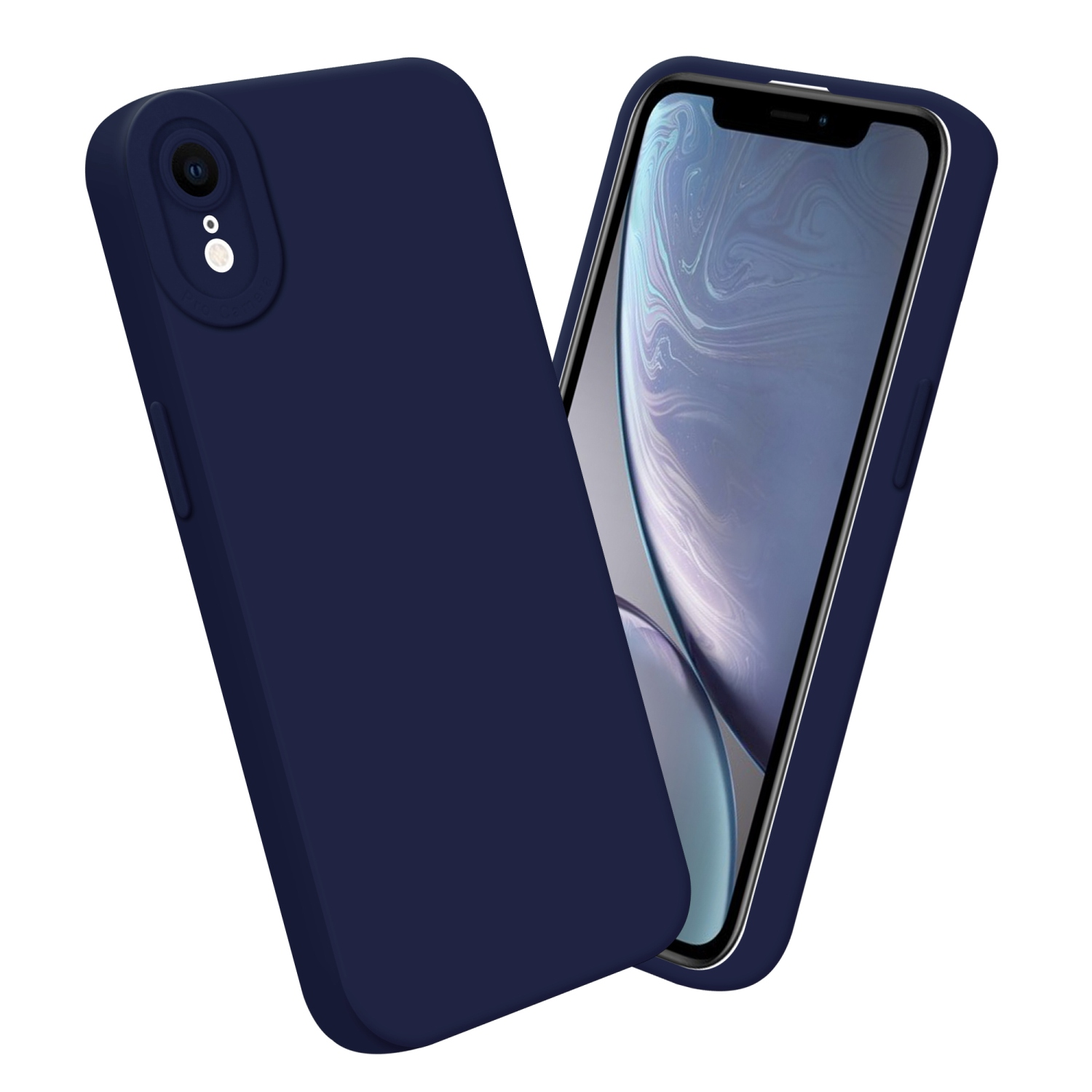 Custodia per telefono blu scuro con telefono all'interno, su sfondo bianco.