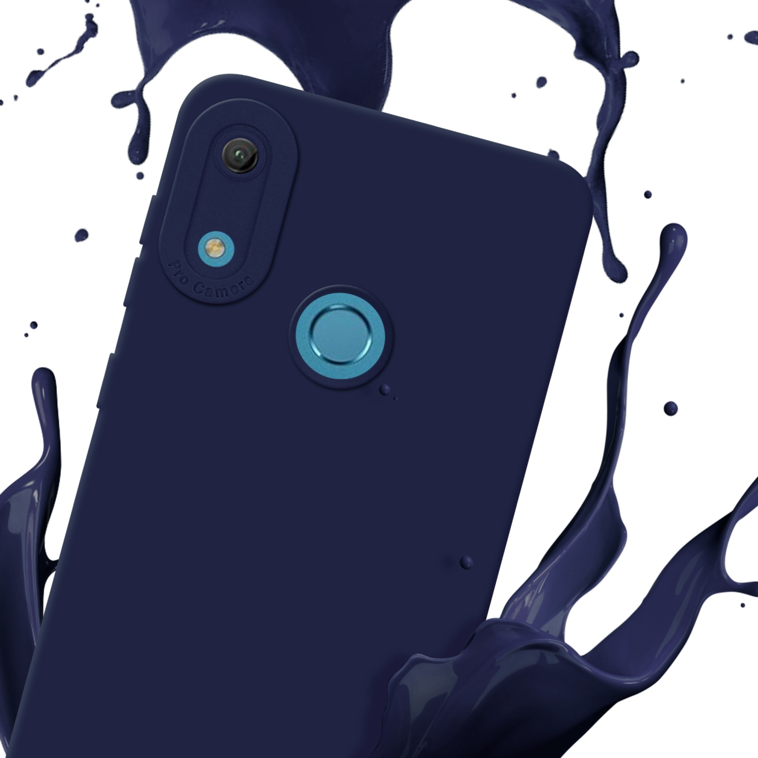 Coque de téléphone bleu marine avec détail caméra, et fond éclaboussures bleu marine.