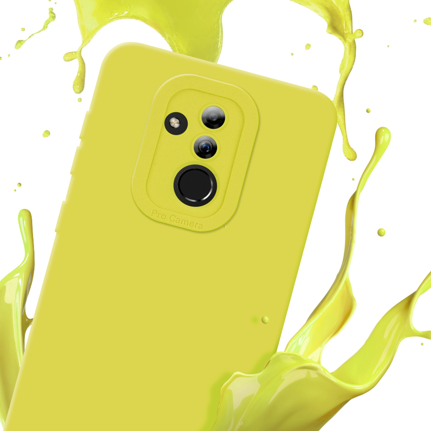 Custodia gialla con modulo fotocamera e spruzzo di liquido giallo.