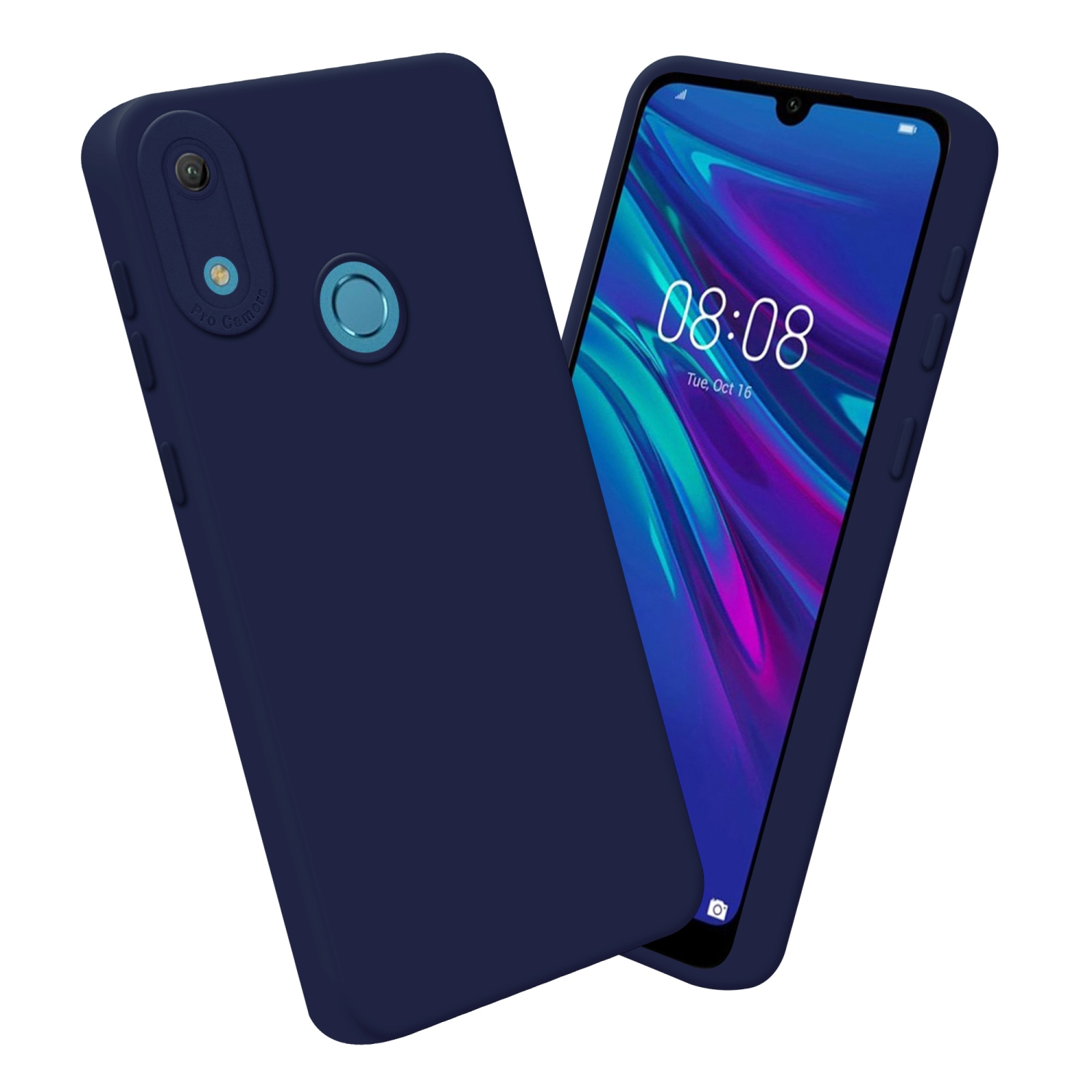 Coque de téléphone bleue, téléphone avec écran. Le téléphone affiche l'heure et la date.