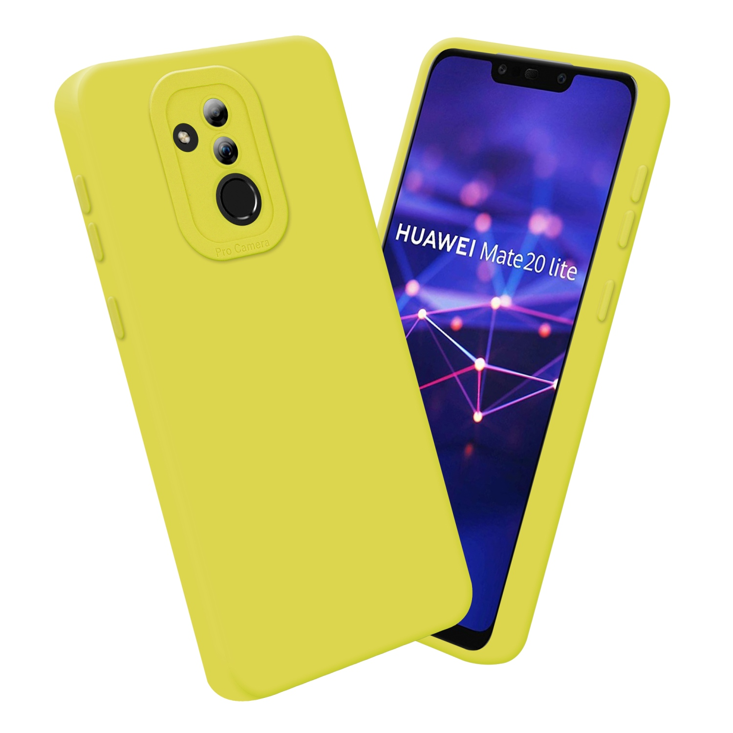 Due telefoni, uno con una custodia gialla e l'altro lo schermo del telefono con la scritta "HUAWEI Mate 20 lite".